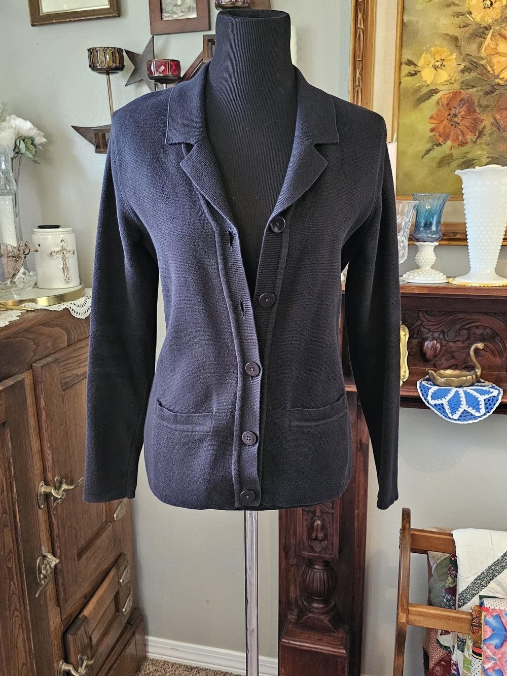 Gap Black Knit Cardigan Blazer Jacket Button Front Cotton Medium